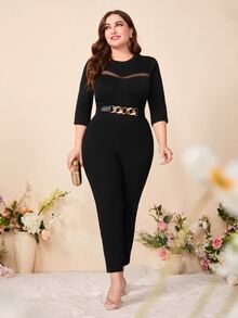 Modelyn Áo thun Plus size Tương phản Mesh màu trơn Giải trí - màu đen - Xem 4