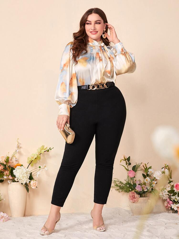 Plus Tie Dye Tie Neck Lantern Sleeve Blouse