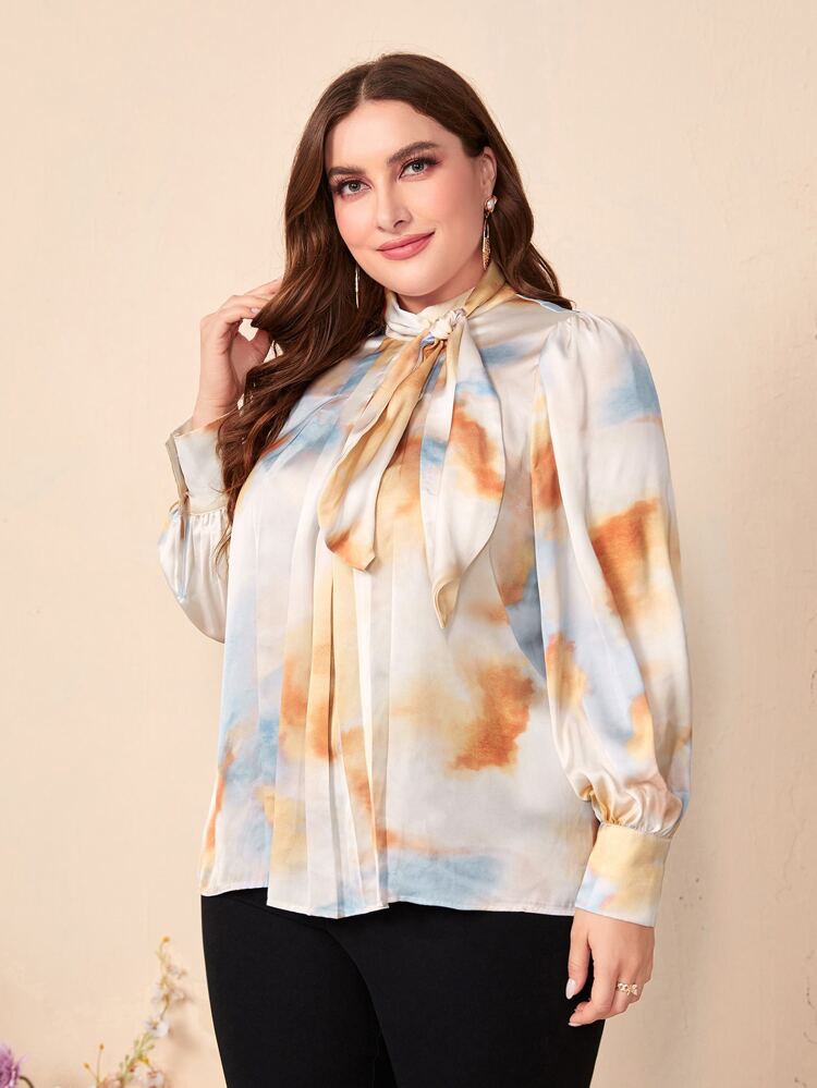 Plus Tie Dye Tie Neck Lantern Sleeve Blouse