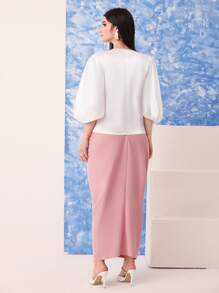 Modelyn 燈籠袖緞面上衣和扭結半身裙套裝