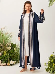 Al Najma Open Front Graphic Pattern Fringe Detail Modest Long Sleeve Abaya Without Top - Navy Blue - View 1