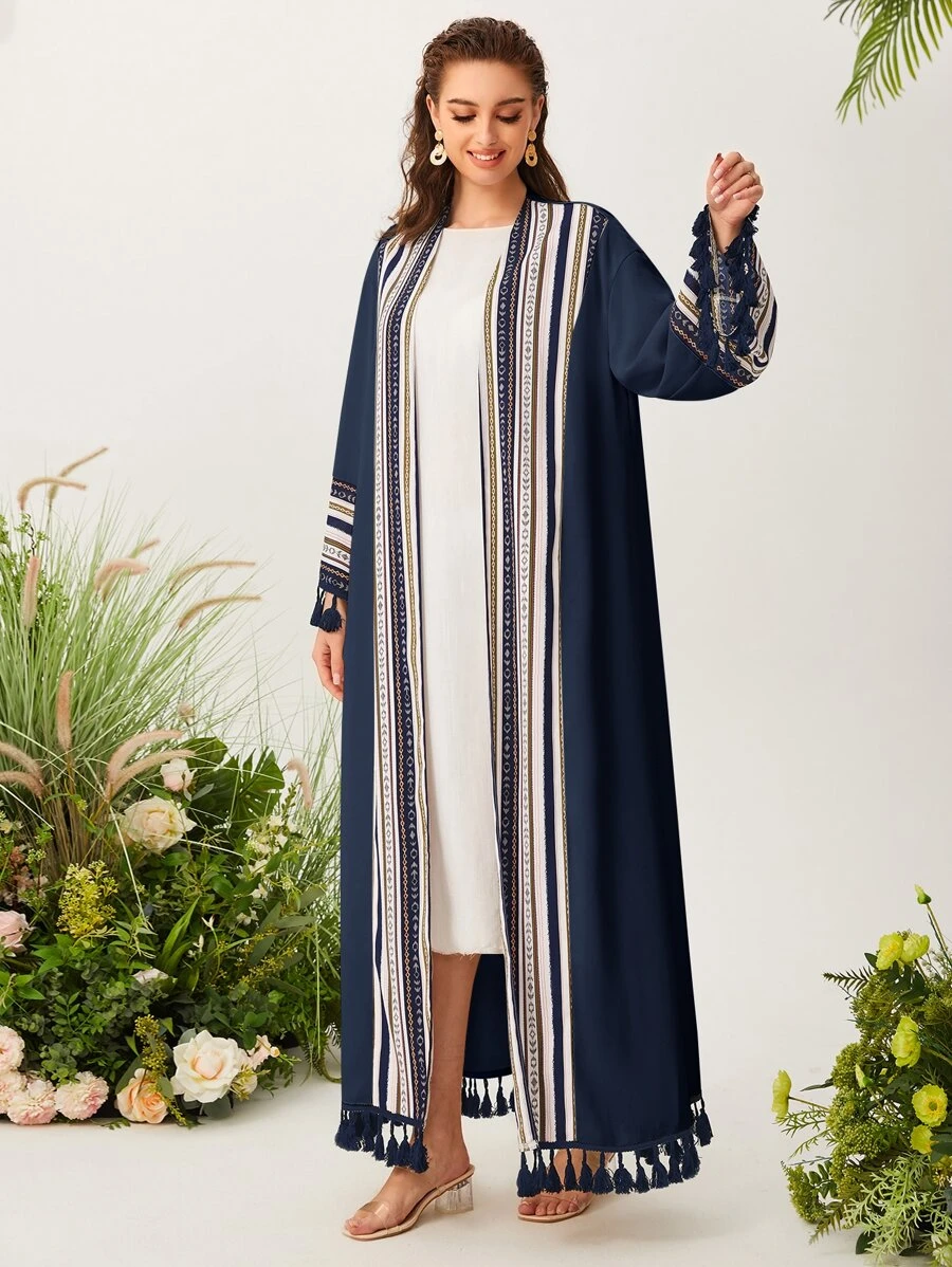 Al Najma Open Front Graphic Pattern Fringe Detail Modest Long Sleeve Abaya Without Top - Navy Blue - View 1