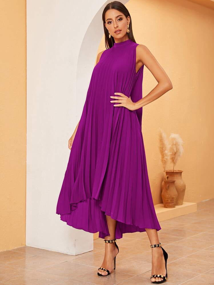 pleated dress shein SHEIN Lady Pleated Slim Fit Long Holiday Style Chiffon Pleated Long Skirt  Solid Color Elegant V-Neck New Style Dress