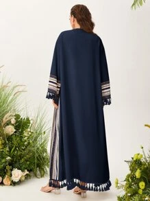 Al Najma Open Front Graphic Pattern Fringe Detail Modest Long Sleeve Abaya Without Top - Navy Blue - View 2