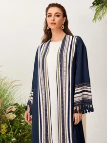 Al Najma Open Front Graphic Pattern Fringe Detail Modest Long Sleeve Abaya Without Top - Navy Blue - View 3