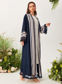 Al Najma Open Front Graphic Pattern Fringe Detail Modest Long Sleeve Abaya Without Top - Navy Blue - View 4