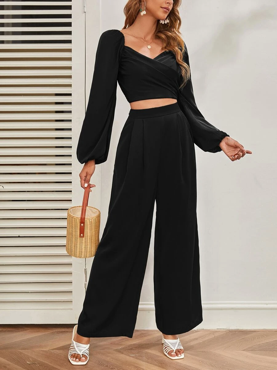Mulvari Lantern Sleeve Shirred Back Crop Top & Trousers Set - Black - View 1