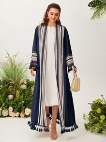 Al Najma Open Front Graphic Pattern Fringe Detail Modest Long Sleeve Abaya Without Top - Navy Blue - View 5