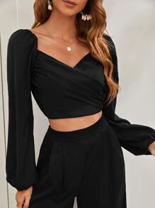 Mulvari Lantern Sleeve Shirred Back Crop Top & Trousers Set - Black - View 3