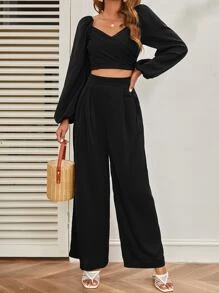 Mulvari Lantern Sleeve Shirred Back Crop Top & Trousers Set - Black - View 4