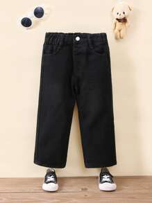 Young Girl Y2K Street Daily Elastic Waist Straight Jeans With Flat Pockets, Daily - Black - View 1