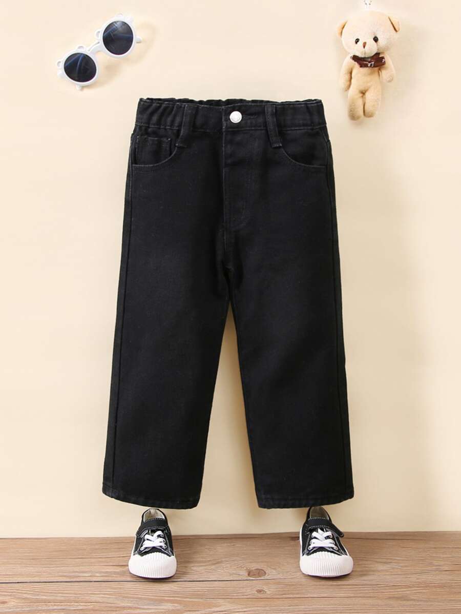 Young Girl Y2K Street Daily Elastic Waist Straight Jeans With Flat Pockets, Daily - Black - View 1