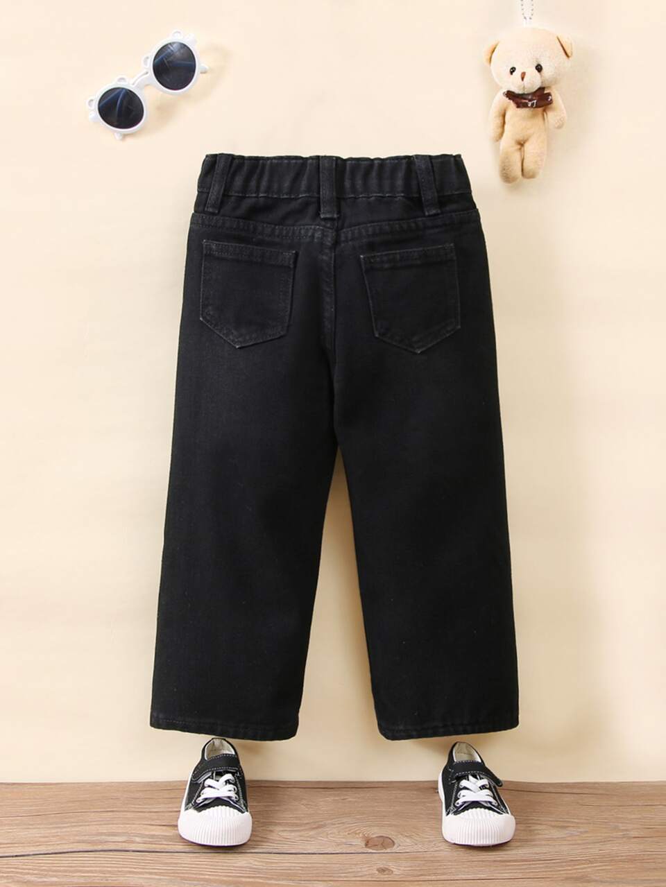 Young Girl Y2K Street Daily Elastic Waist Straight Jeans With Flat Pockets, Daily