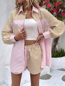 SHEIN VCAY Striped Print Drop Shoulder Patched Pocket Shirt & Knot Front Shorts - Baby Pink - View 2