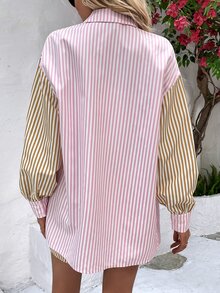 SHEIN VCAY Striped Print Drop Shoulder Patched Pocket Shirt & Knot Front Shorts - Baby Pink - View 3