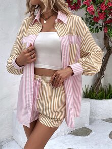 SHEIN VCAY Striped Print Drop Shoulder Patched Pocket Shirt & Knot Front Shorts - Baby Pink - View 5