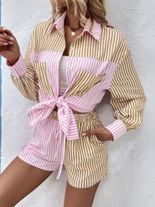 SHEIN VCAY Striped Print Drop Shoulder Patched Pocket Shirt & Knot Front Shorts - Baby Pink - View 1