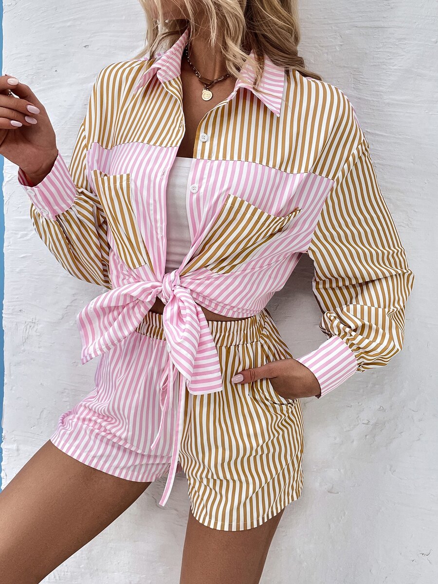 SHEIN VCAY Striped Print Drop Shoulder Patched Pocket Shirt & Knot Front Shorts - Baby Pink - View 1