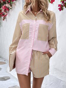 SHEIN VCAY Striped Print Drop Shoulder Patched Pocket Shirt & Knot Front Shorts - Baby Pink - View 6