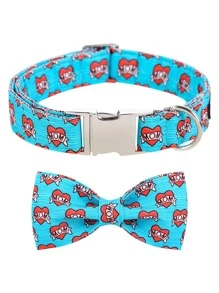 1pc Heart Print Pet Collar & 1pc Bow For Dog For Outdoor - Blue - View 1