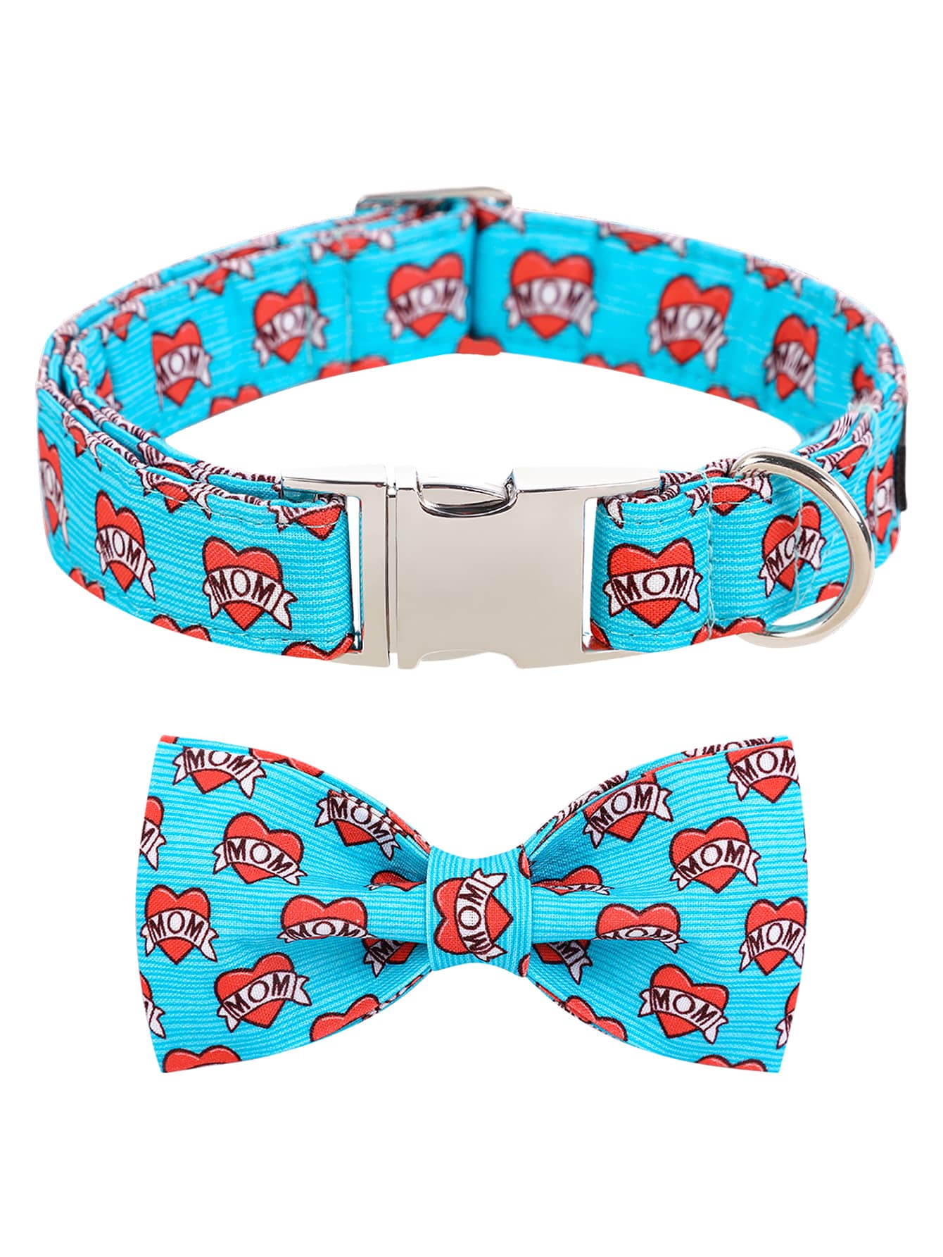 1pc Heart Print Pet Collar & 1pc Bow For Dog For Outdoor - Blue - View 1