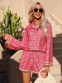 SHEIN VCAY 印花襯衫和彈性腰帶短褲