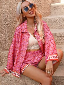 SHEIN VCAY 印花襯衫和彈性腰帶短褲