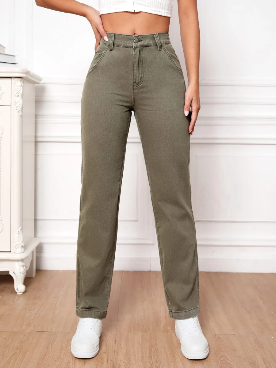 High Waist Straight Leg Jeans - Army Green - View 1