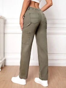 High Waist Straight Leg Jeans - Army Green - View 2