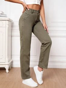 High Waist Straight Leg Jeans - Army Green - View 3