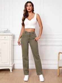 High Waist Straight Leg Jeans - Army Green - View 4