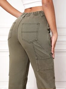 High Waist Straight Leg Jeans - Army Green - View 6