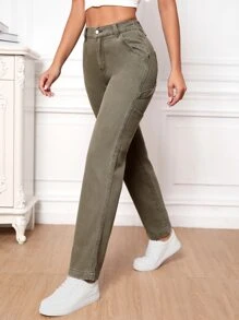 High Waist Straight Leg Jeans - Army Green - View 7