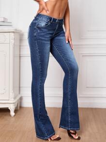 SHEIN Tall Slant Pocket Flare Leg Jeans - Dark Wash - View 4