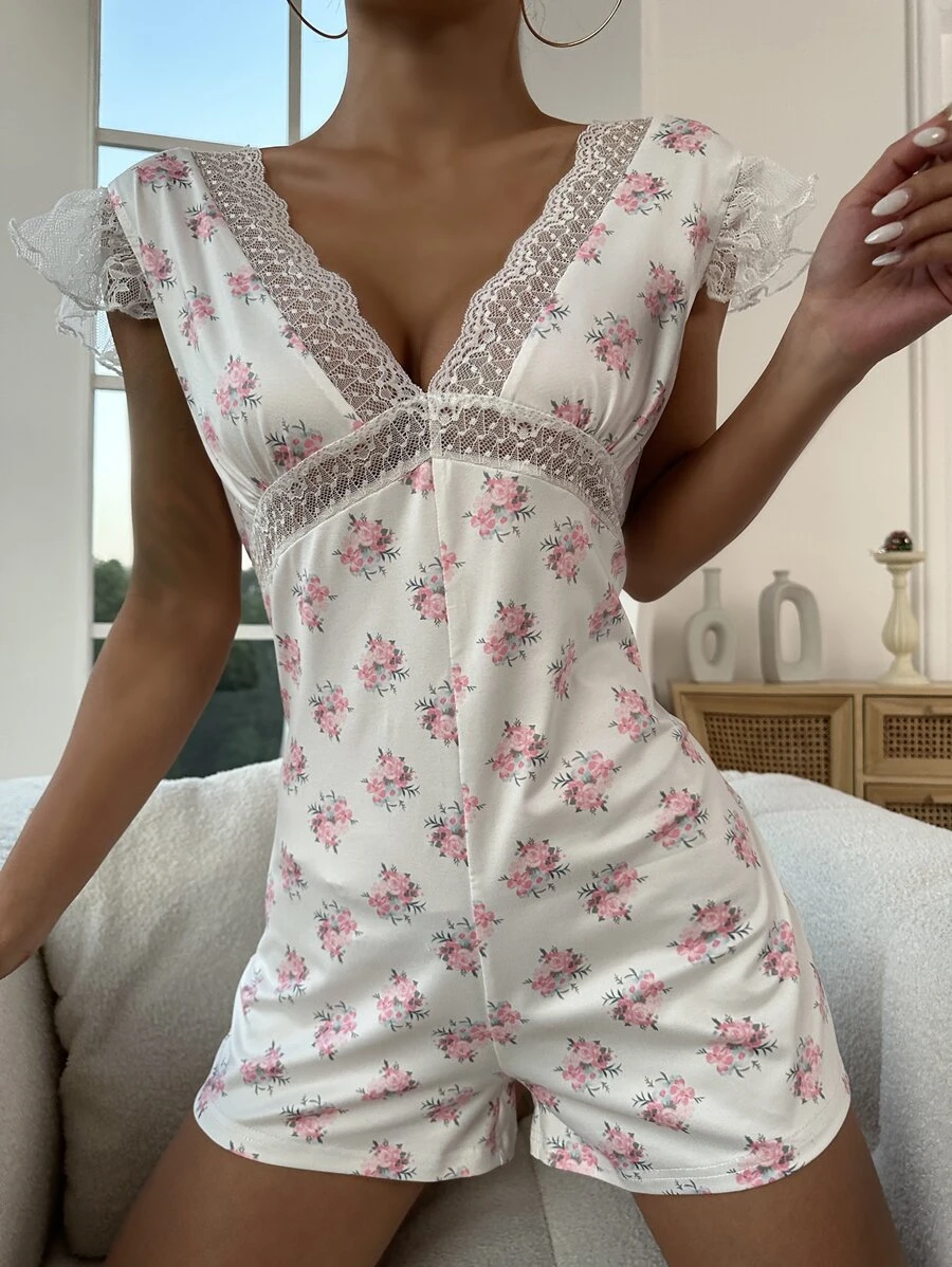 Floral Print Contrast Lace Romper - White - View 1