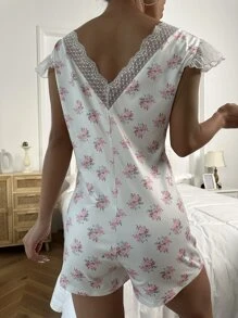 Floral Print Contrast Lace Romper - White - View 2