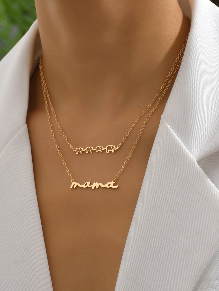 2pcs Letter & Elephant Charm Necklace - Yellow Gold - View 1