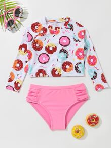 Young Girl Donut Print Ruched Bikini Set Summer Beach