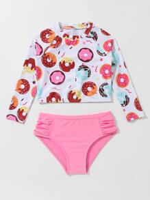 Young Girl Donut Print Ruched Bikini Set Summer Beach