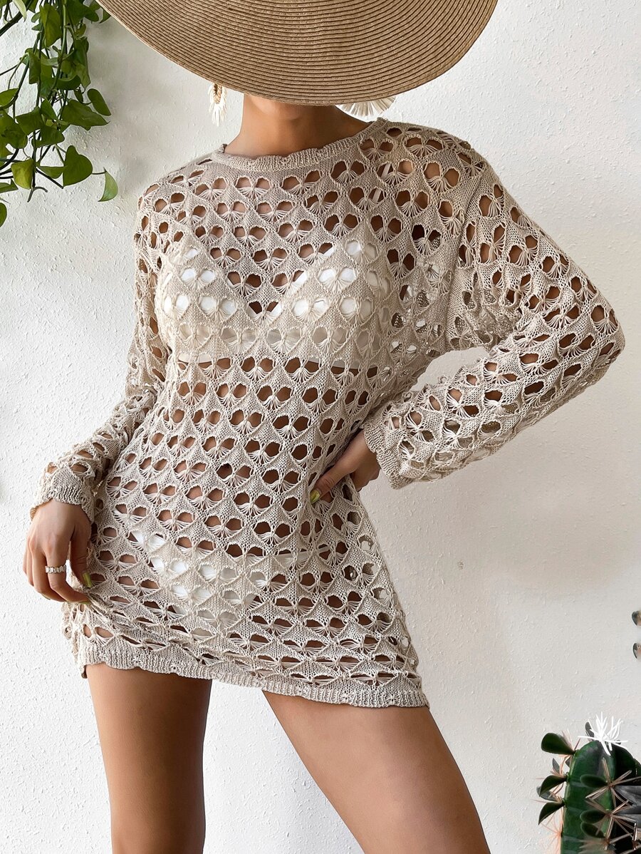 Hollow Out Drop Shoulder Cover Up Dress Without Bikini - Apricot - View 1