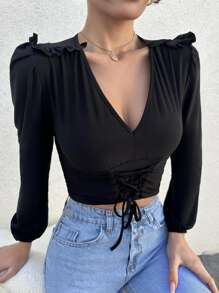 EURMUSE Lace Up Front Frill Trim Lantern Sleeve Crop Blouse - màu đen - Xem 1