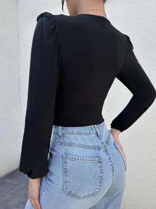 EURMUSE Lace Up Front Frill Trim Lantern Sleeve Crop Blouse - màu đen - Xem 2