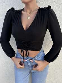 EURMUSE Lace Up Front Frill Trim Lantern Sleeve Crop Blouse - màu đen - Xem 5