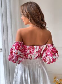 SHEIN VCAY Floral Print Off Shoulder Puff Sleeve Blouse - Multicolor - View 2