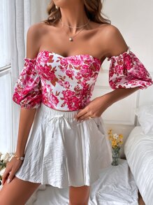 SHEIN VCAY Floral Print Off Shoulder Puff Sleeve Blouse - Multicolor - View 4