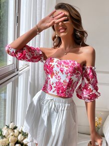 SHEIN VCAY Floral Print Off Shoulder Puff Sleeve Blouse - Multicolor - View 6