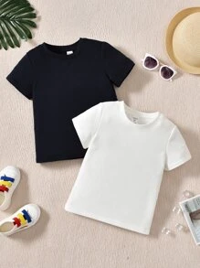 SHEIN Young Boy 2pcs Solid Round Neck Tee - Blue and White - View 1