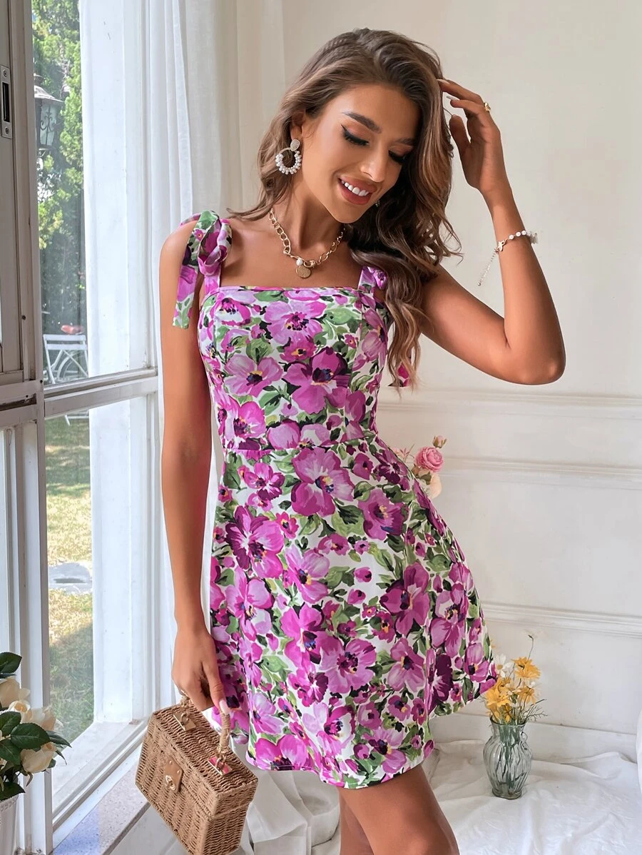 SHEIN VCAY Floral Print Tie Shoulder Cami Dress - Multicolor - View 1