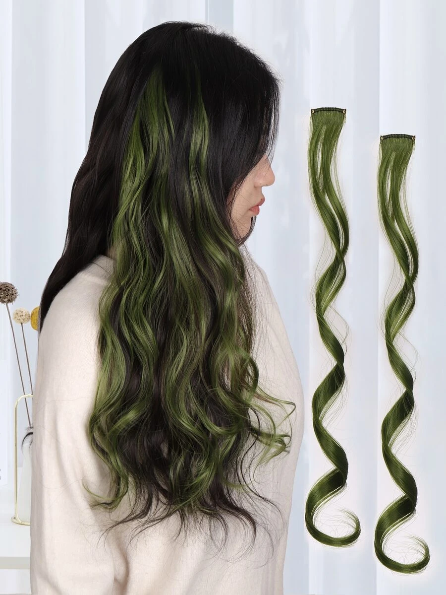 2pcs Clip In Medium Curly Synthetic Hair Extension - Olive Green - View 1