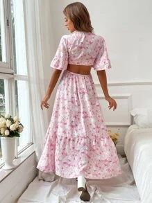 SHEIN VCAY 印花蝴蝶袖前打結高低下擺連衣裙 - 彩色 - 查看 2